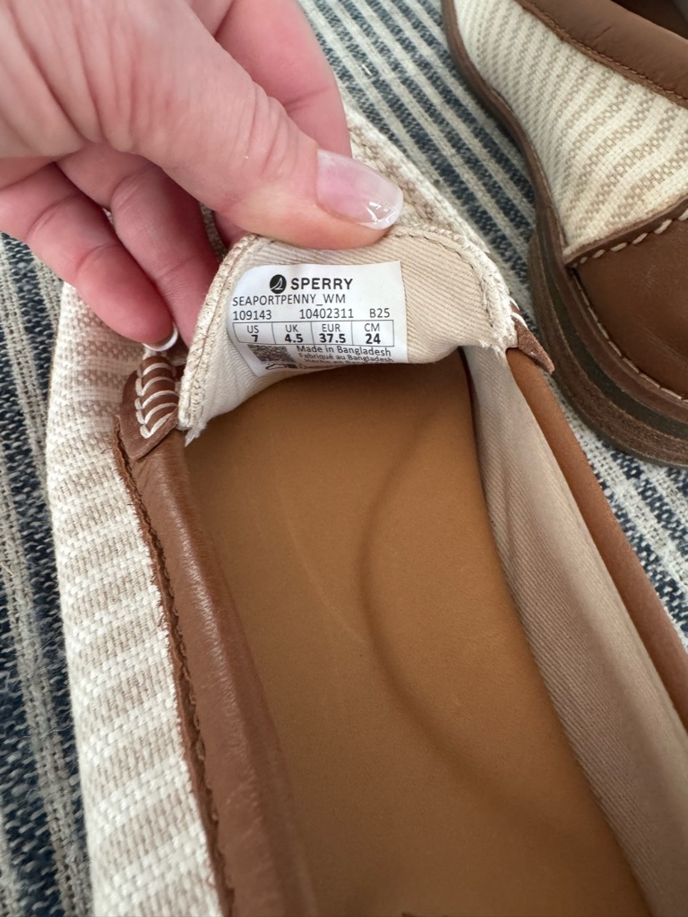 Sperry Seaport Penny Loafers Striped Canvas Tan Leather Size 7 - Picture 5 of 7